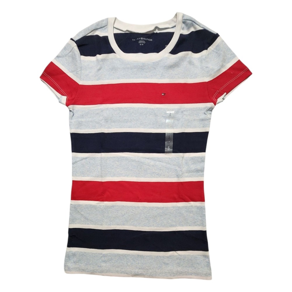 Tommy Hilfiger Women T-Shirt Short-Sleeve Striped Embroidery Logo Small